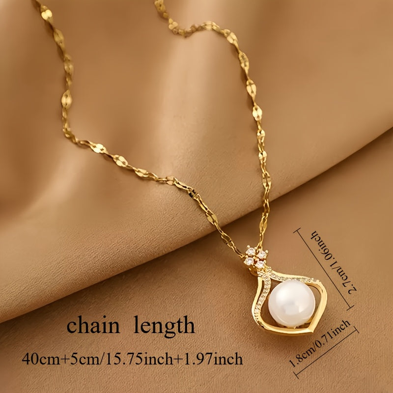 Collier Élégant Femme – Pendentif en Acier Inoxydable Plaqué Or 18K avec Perle Imitation, Hypoallergénique, Design Simple et Luxueux, Idéal Quotidien, Soirées et Cadeau, Accessoire Minimaliste Polyvalent