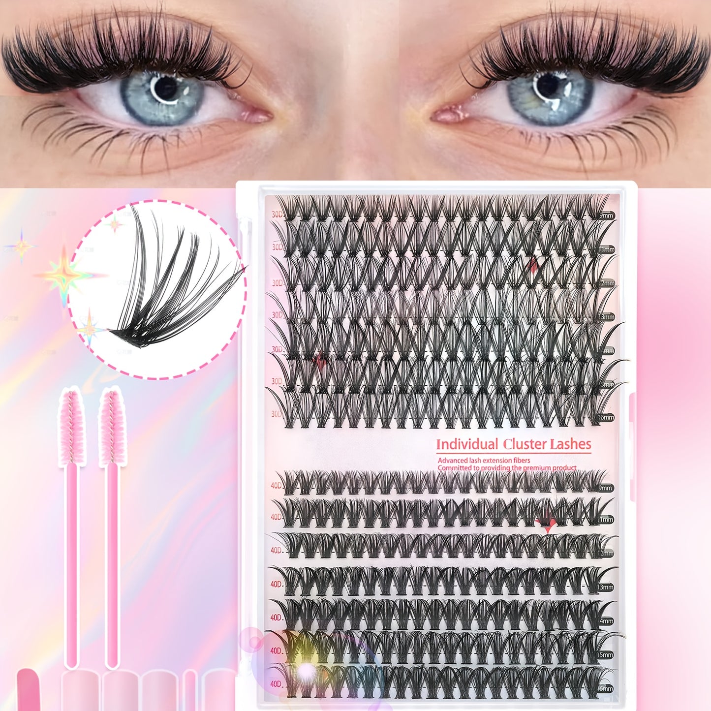 Set de Cils DIY pour Femme – 37 Rangées (740 pcs) / 14 Rangées (280 pcs) / 10 Rangées (200 pcs), Cils Individuels 8-16 mm, Inclus Brosse à Cils, Style Hybride, Parfait pour DIY Débutants à la Maison, Réutilisable