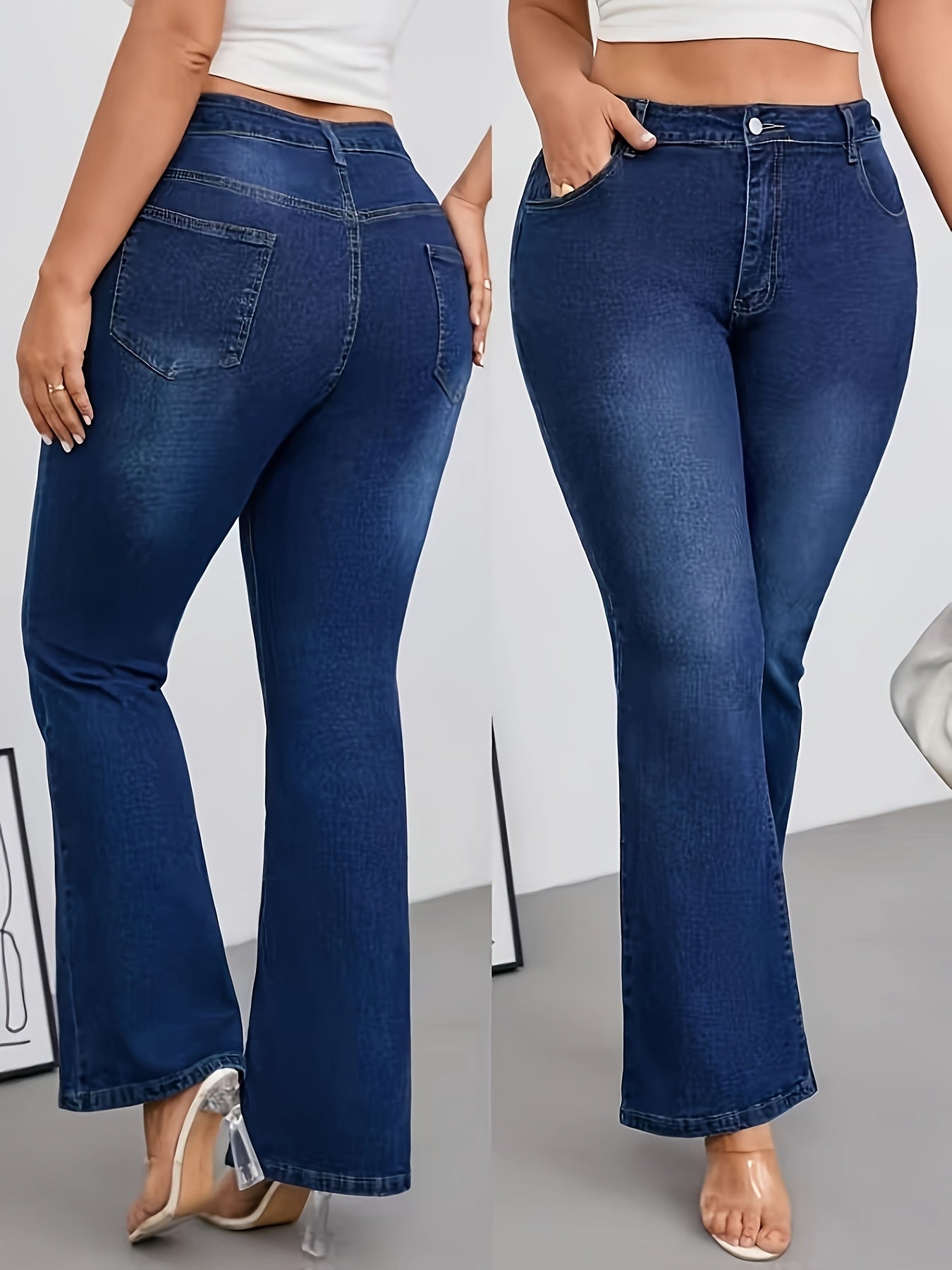 Jeans Femme Grande Taille Taille Haute Évasé Extensible Bleu Poches Obliques Boutons Toute Saison Élégant Décontracté et Formel