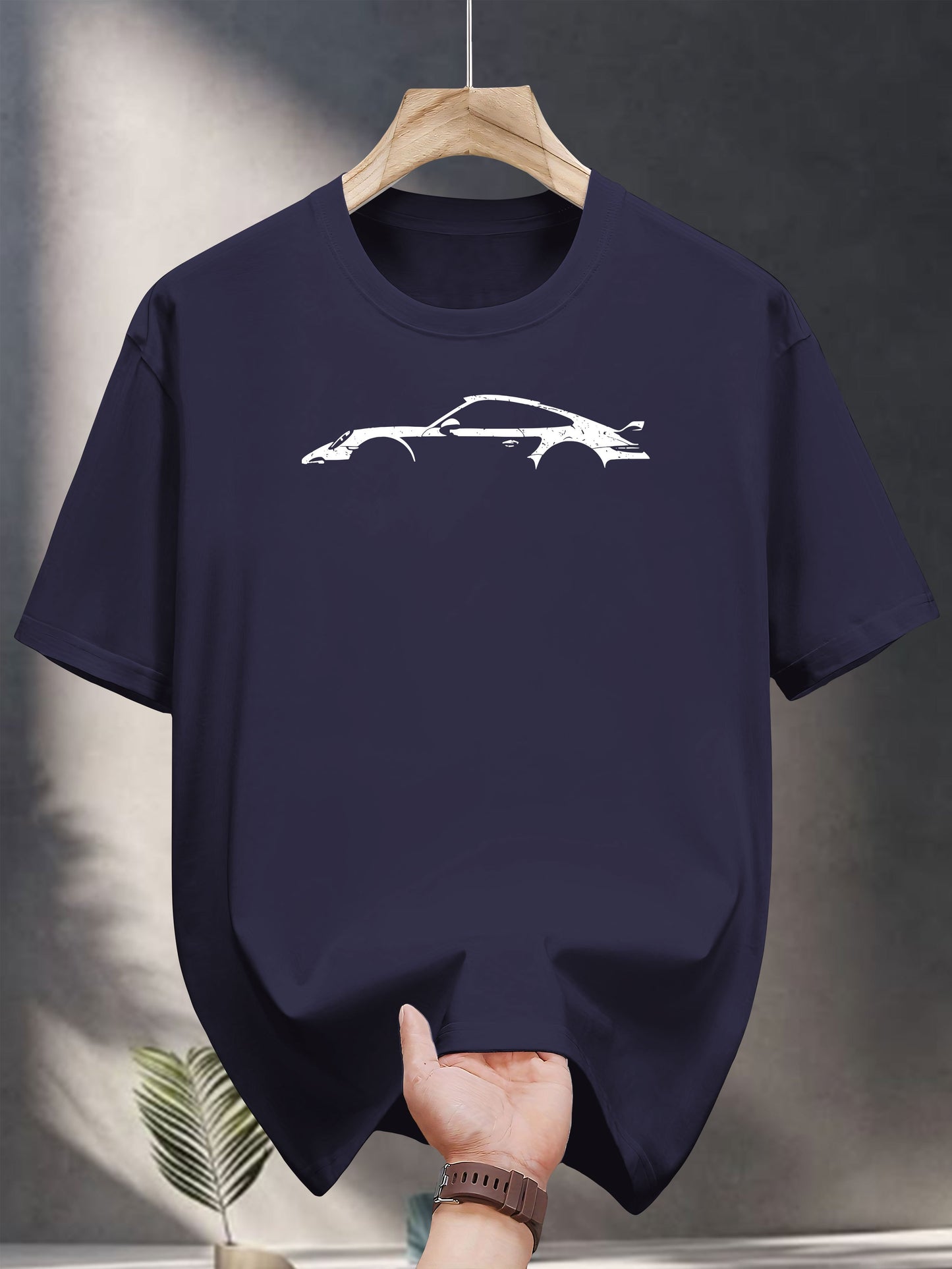 200g 100% Cotton Casual Short Sleeve T-Shirt with Car Graphic Print - Black Round Neck Summer Tee for Adults, Machine Washable