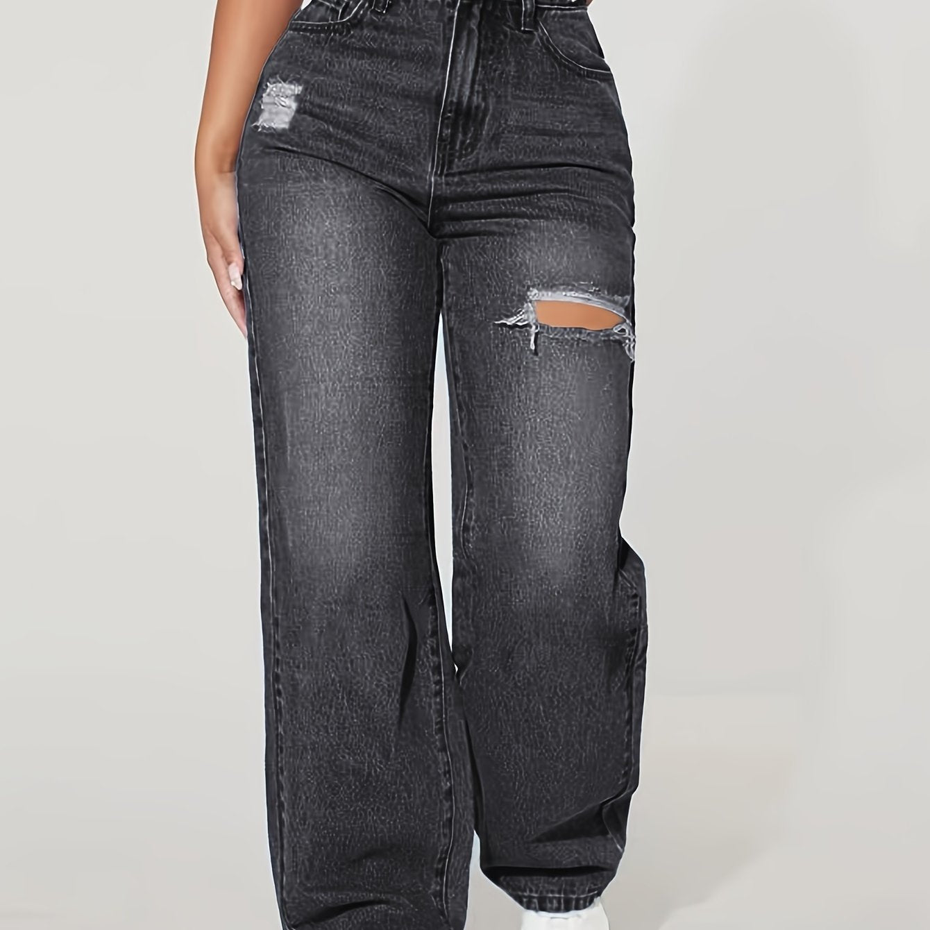 Jeans Femme Taille Haute Jambe Droite Effet Déchiré Extensible Confort Bleu Foncé Décontracté Lavable
