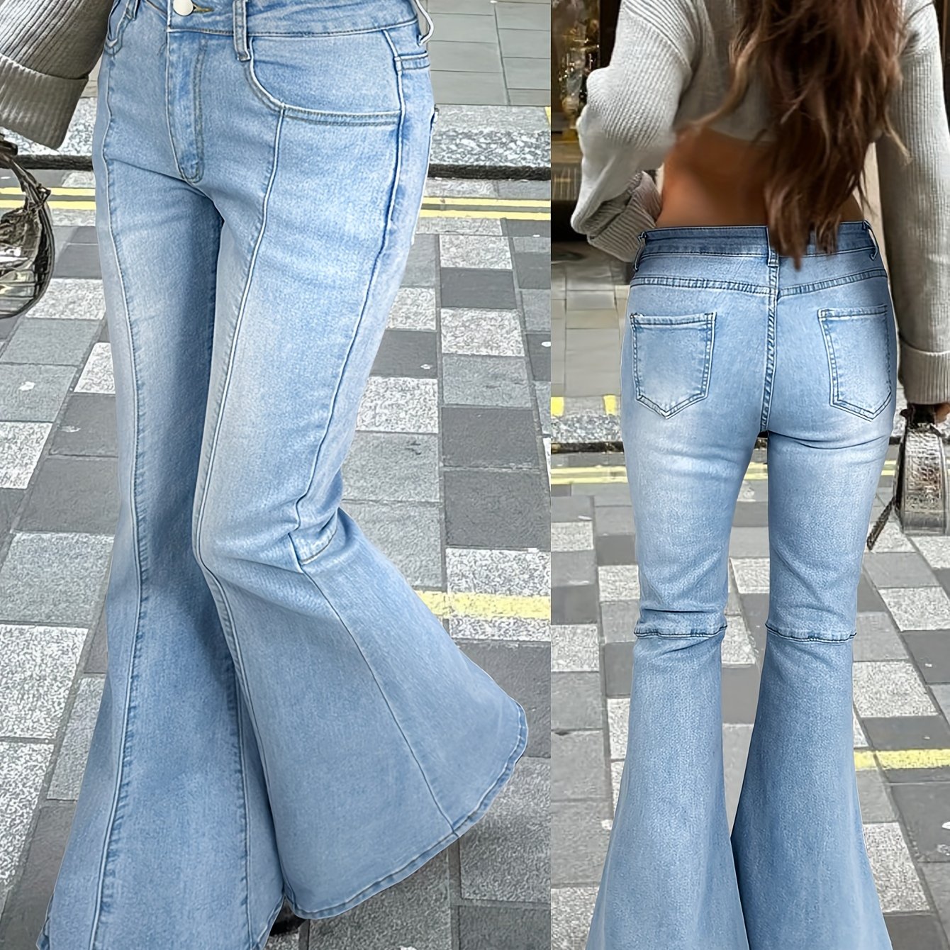 Jean évasé bleu clair pour femme - Taille mi-haute, denim stretch avec poches en biais, coupe décontractée et confortable, effet dégradé