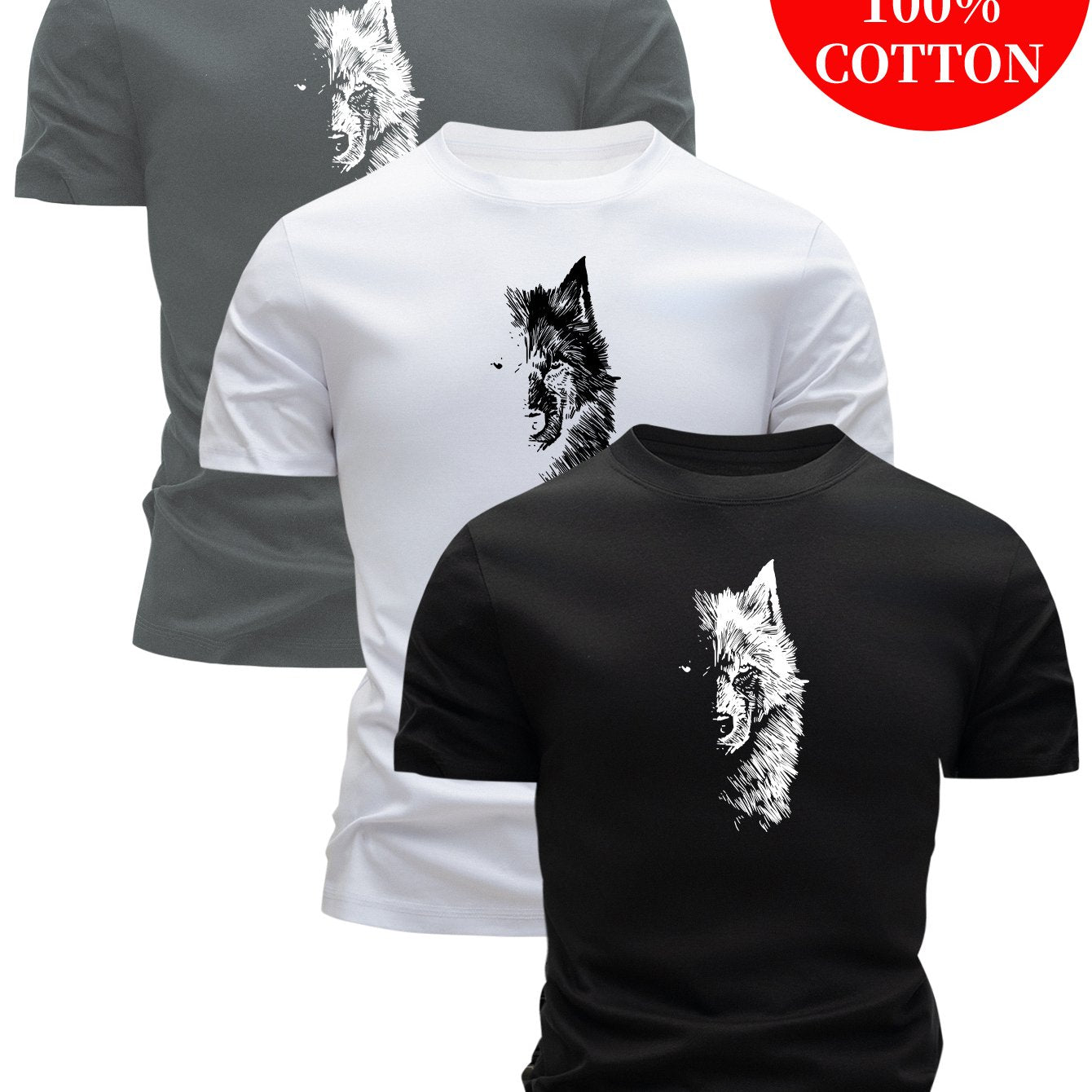 3pcs 100% Cotton T-Shirts with Wolf Graphic, Casual Crew Neck in Multiple Colors for Men