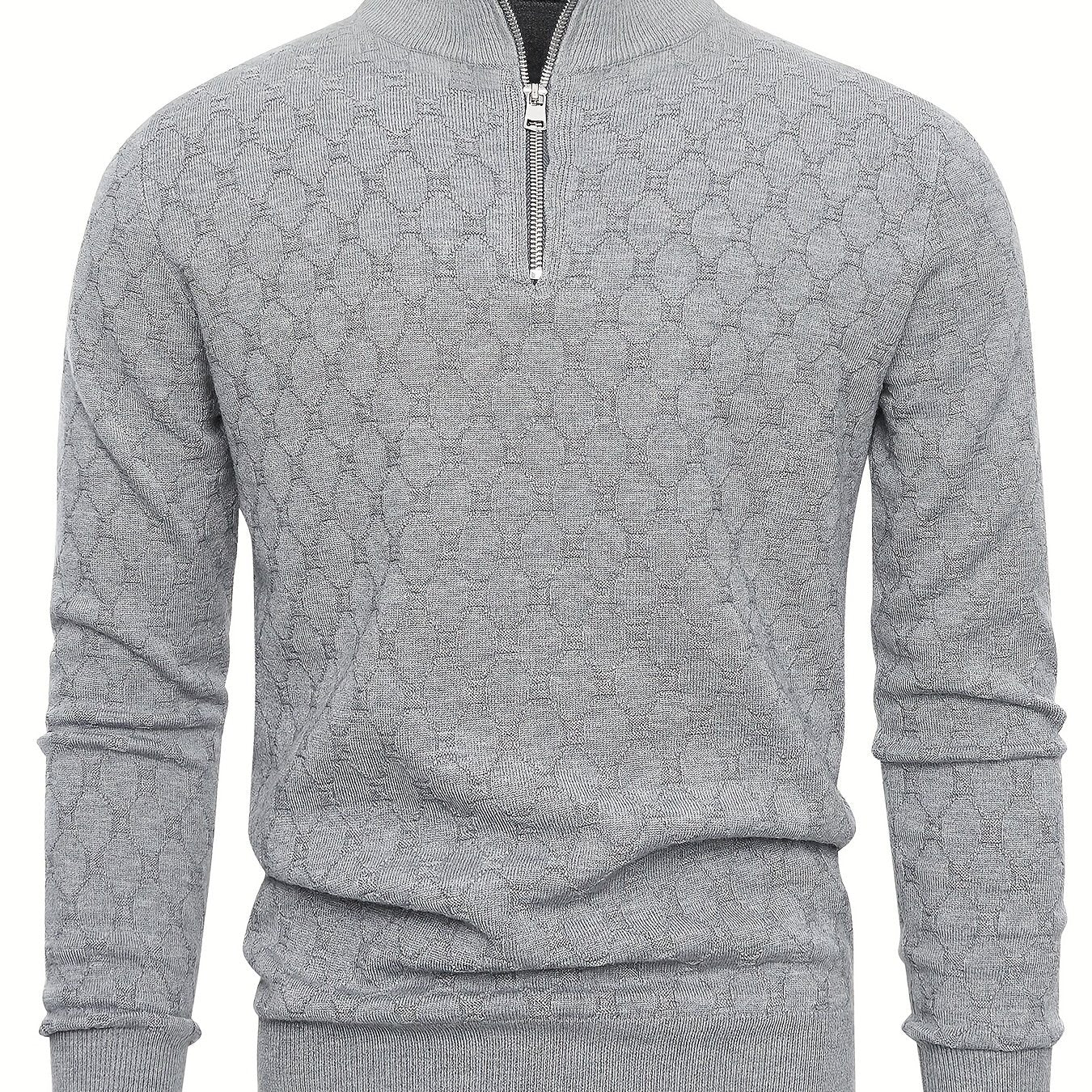 Men's Slim-Fit Half-Zip Sweater with Stand Collar - Soft Stretch Blending (Suitable for) - Half-Zip Front & Geometric Pattern - Business Casual Winter Wear - Fall Winter Wardrobe Essential - Hand Washable Long Sleeve Blazer f
