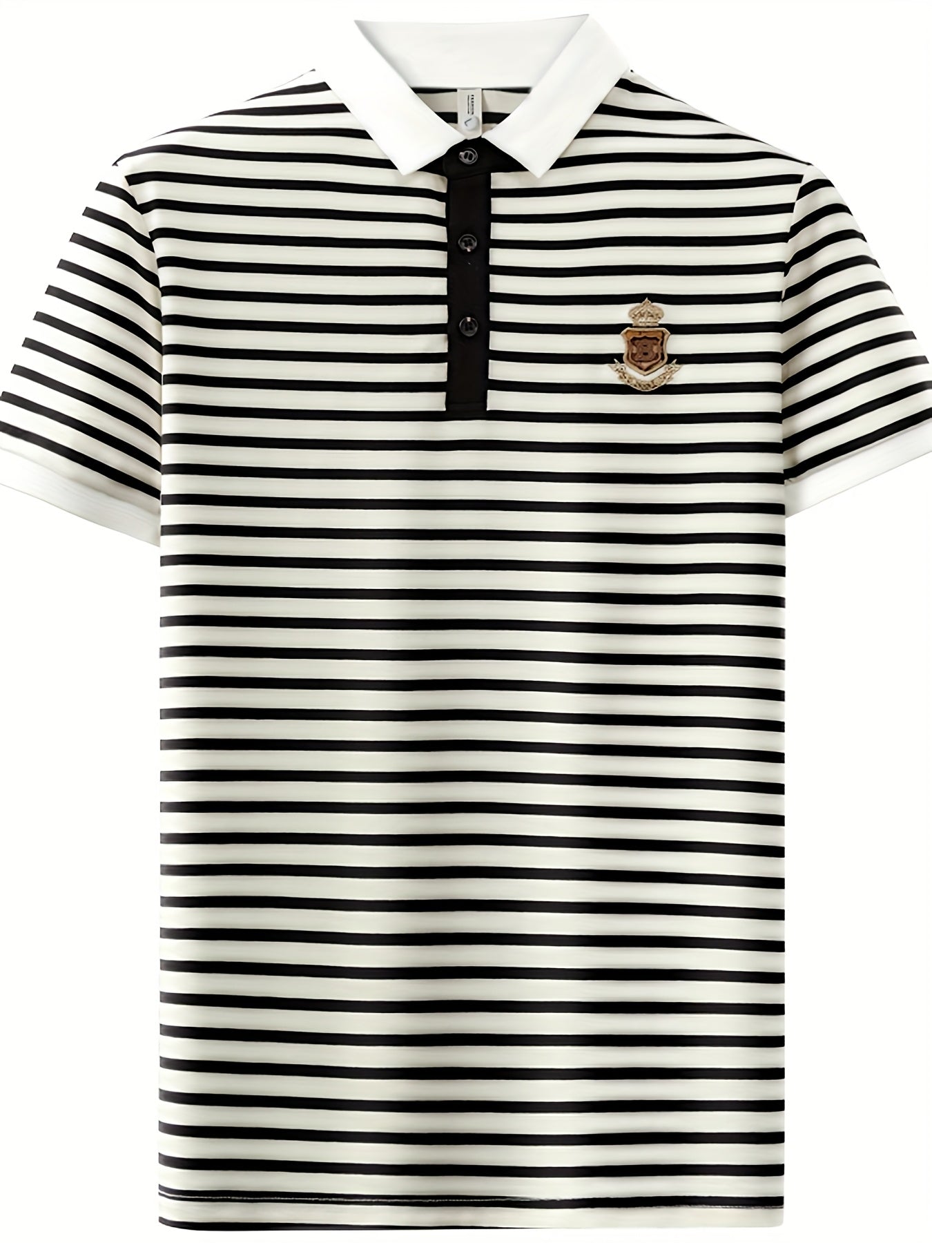Men's Slim Fit Golf Shirt - Black & White Striped Breathable Short Sleeve with Logo, Button-Up Collar for Outdoor Sports & Casual Wear, Machine Washable