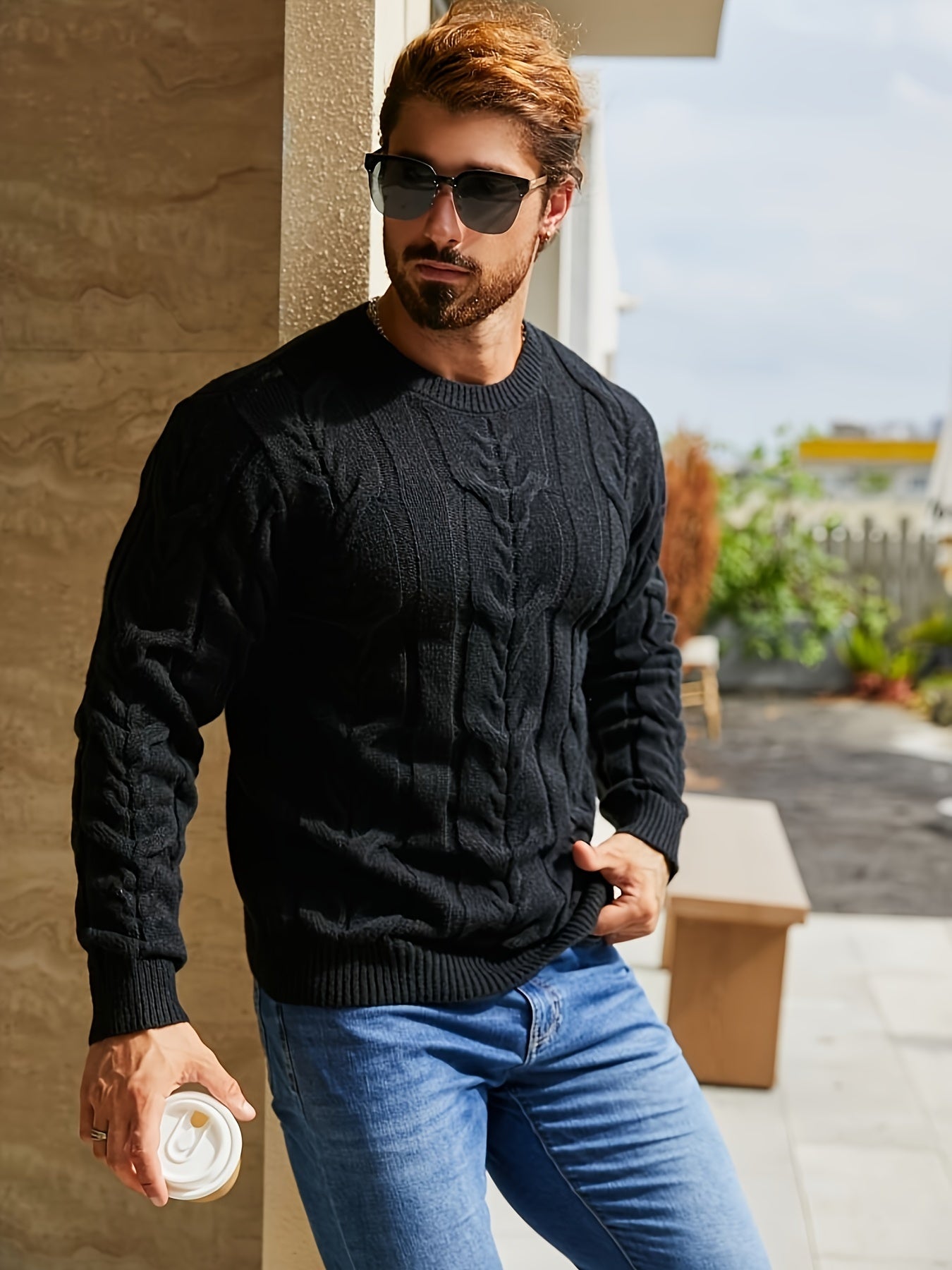 Men's Casual Striped Pullover Sweater - Soft Stretch Knit Crewneck Long Sleeve, Machine Washable H-Fit Ribbed Trim for Autumn Winter, Medium Elasticity Fabric