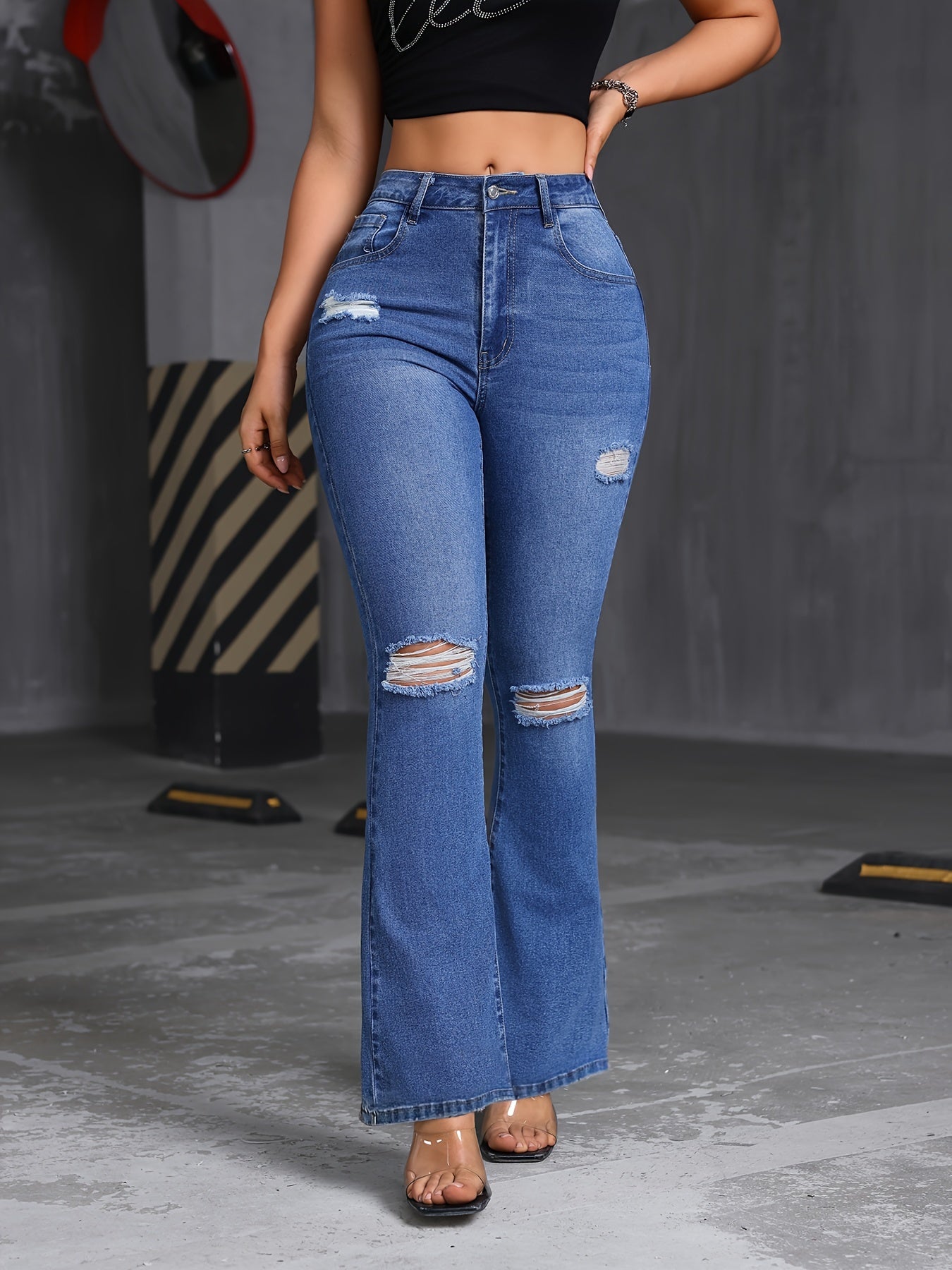 Jeans Femme Évasé Extensible Effet Déchiré Décontracté Style Bell-Bottom