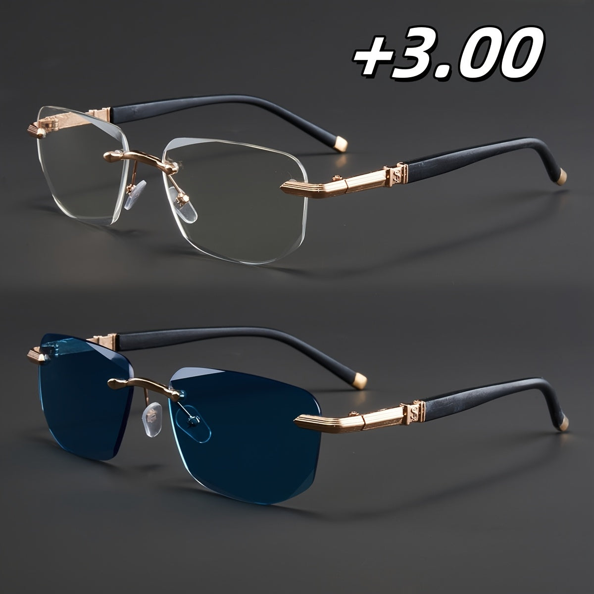 Two Pairs, Bundled Set, Stylish, Men'S, Exquisite, Luxurious, Rimless, Beveled Edge, Reading Glasses, Metal Frame, Options: 100, 150, 200, 250, 300, 350, And 400 Degrees, Without Battery, Christmas Gifts