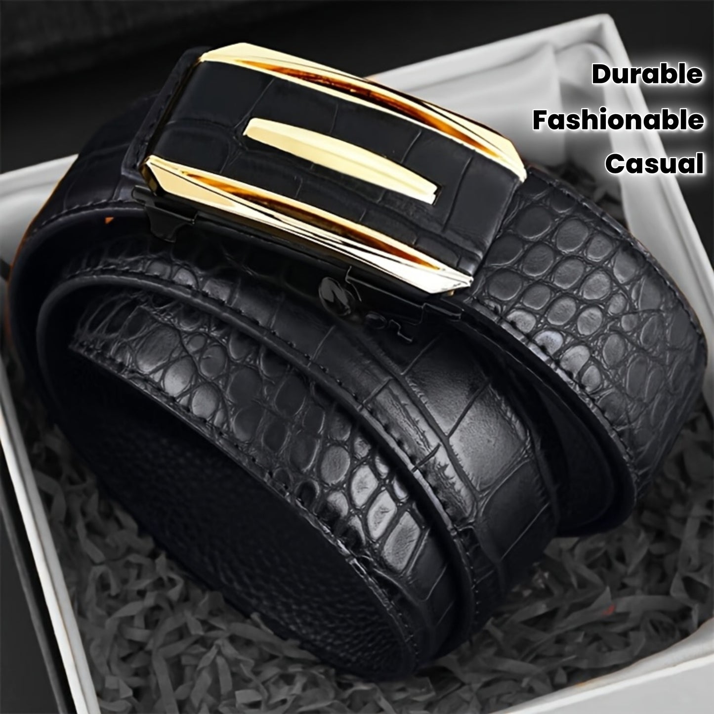 Ceinture Homme à Boucle Automatique en Cuir Synthétique – Motif Crocodile, Marron et Noir, Boucle en Alliage Doré, Style Élégant Décontracté et Professionnel, Parfaite pour Pantalons Habillés, Accessoire Formelle, Design Sophistiqué, Construction Durable