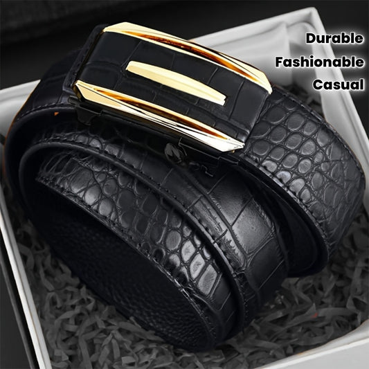 Ceinture Homme à Boucle Automatique en Cuir Synthétique – Motif Crocodile, Marron et Noir, Boucle en Alliage Doré, Style Élégant Décontracté et Professionnel, Parfaite pour Pantalons Habillés, Accessoire Formelle, Design Sophistiqué, Construction Durable