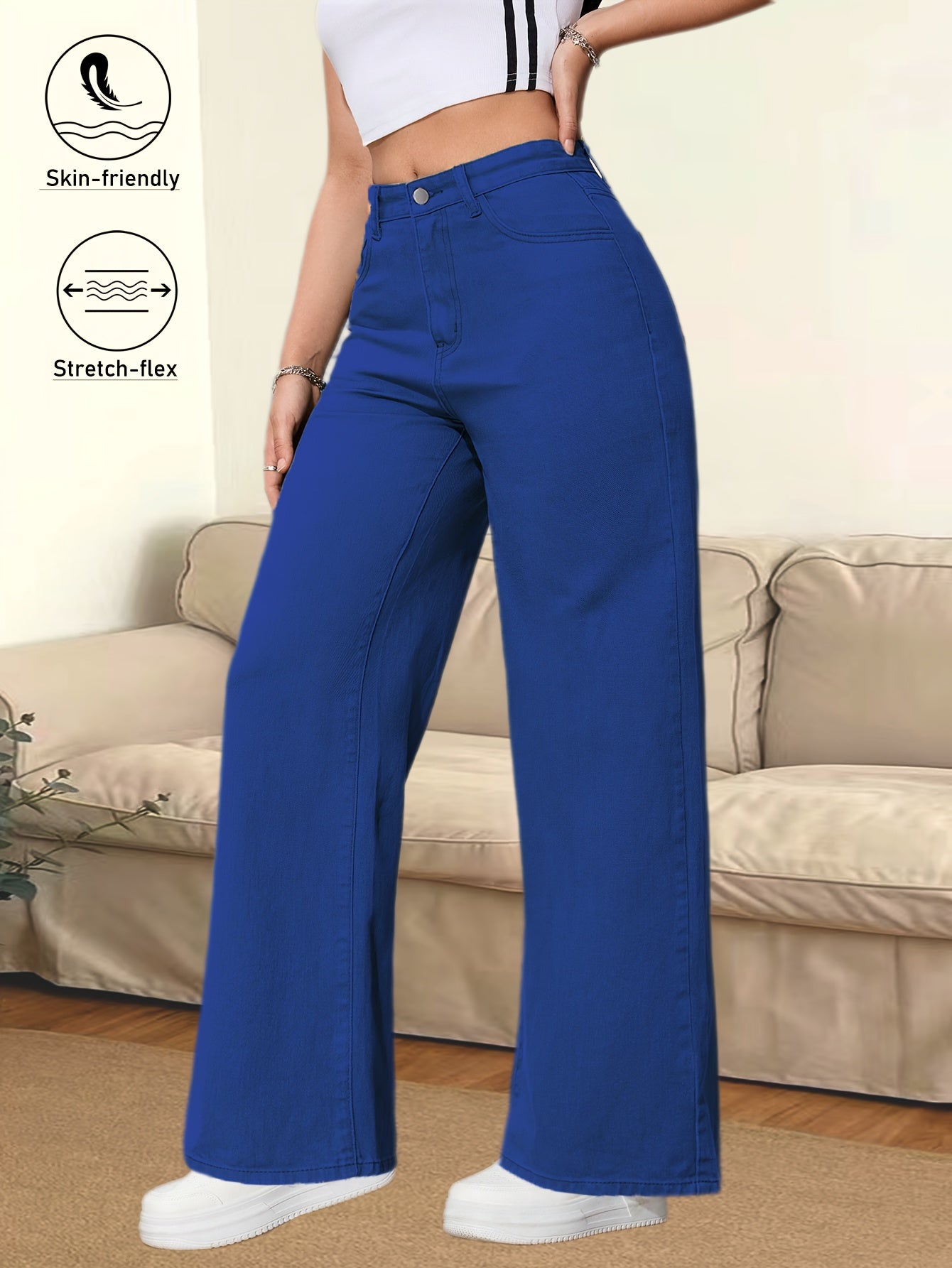 Jeans Femme Marron Café Jambe Large Poches Multiples Boutons Taille Mi-Haute Extensible Toute Saison Polyvalent Confortable Élégant