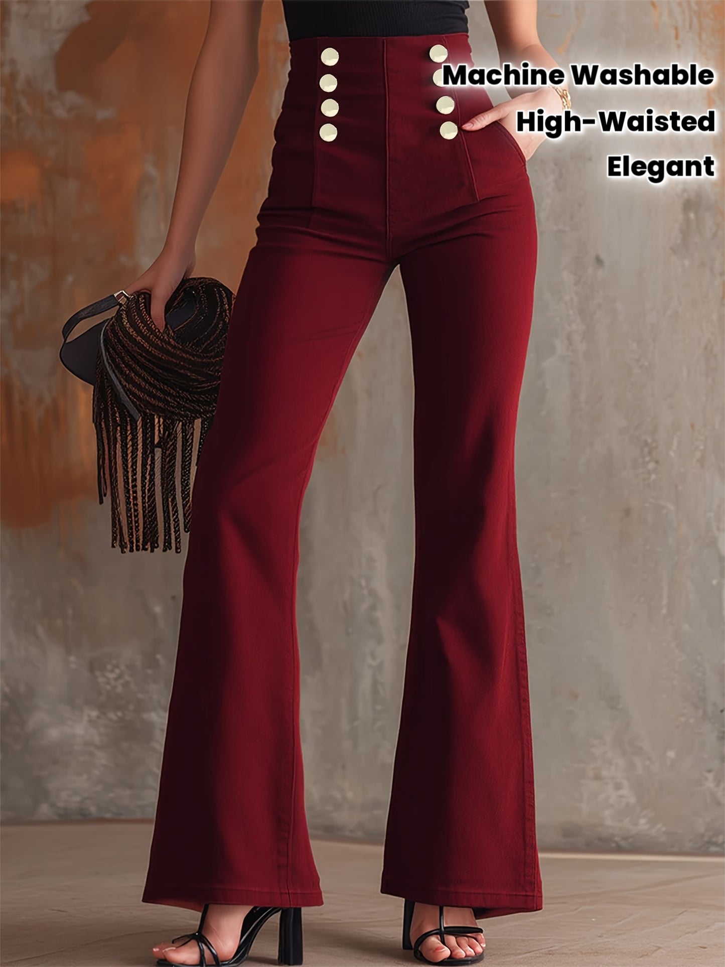 Pantalon Femme Bordeaux – Jambe Large, Taille Haute avec Boutons Blancs, Cheville Effilée, Tous Saisons