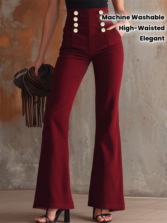 Pantalon Femme Bordeaux – Jambe Large, Taille Haute avec Boutons Blancs, Cheville Effilée, Tous Saisons