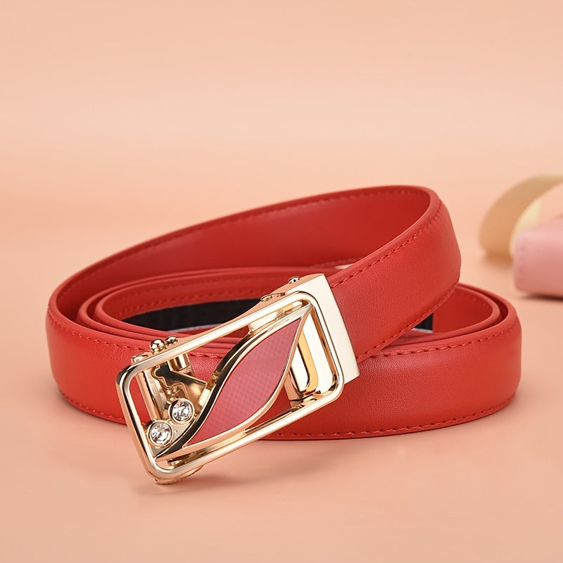 Ceintures pour femmes – Boucle automatique, design polyvalent sans trous, pour jeans et tenues décontractées, options rouge et noir, ceinture décontractée, design de boucle stylée, boucle dorée