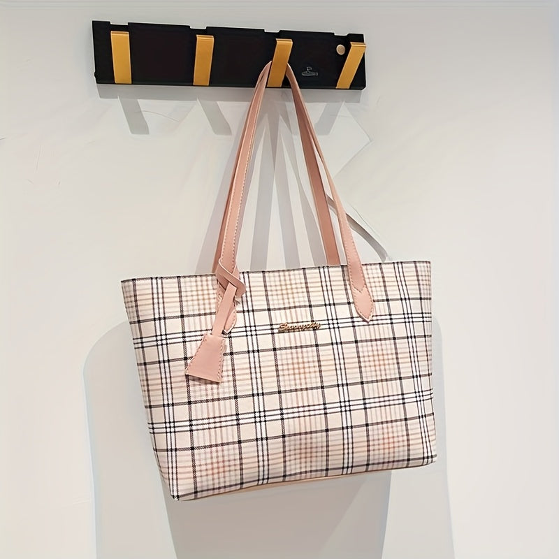 Sac fourre-tout à carreaux pour femmes – grande capacité, léger en PVC, porte-cartes intégré, style professionnel polyvalent, bandoulière, idéal pour courses et usage quotidien