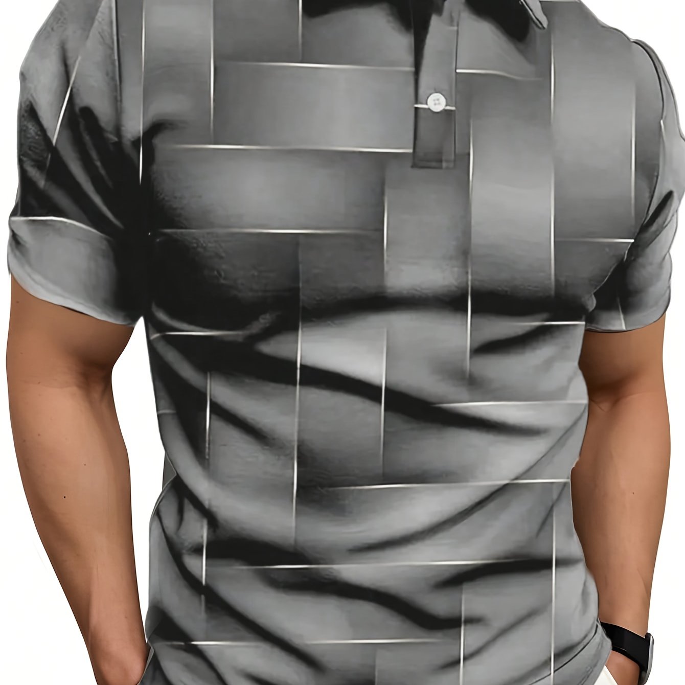 Men's Stylish Black & Golden Geometric Print Shirt - Short Sleeve, Casual Golf Sportswear, Digital Printing, Button-Up Collar, Polyester, All-Season Wear