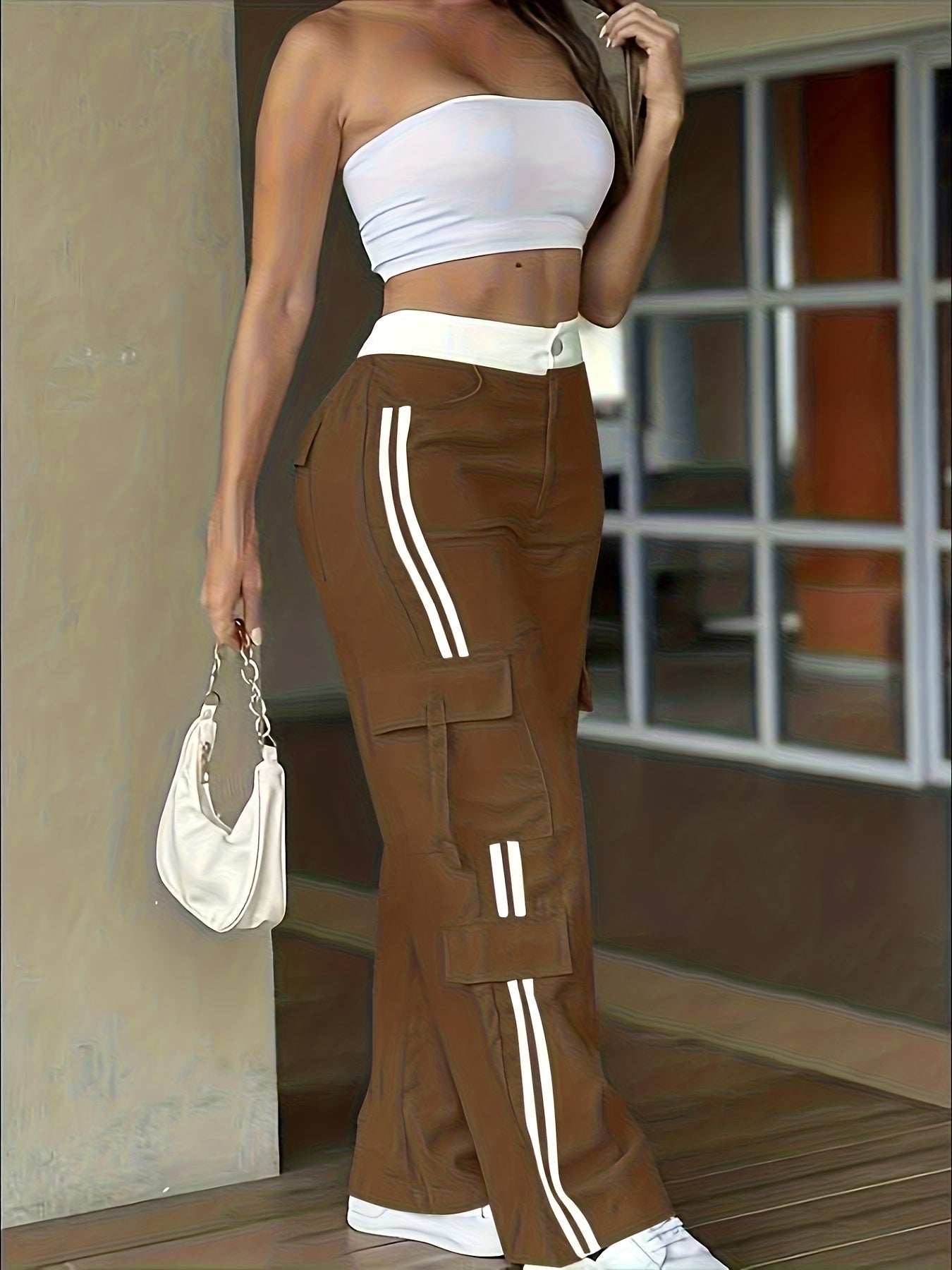 Pantalon Cargo Femme Robuste – Bandes Blanches et Grandes Poches, Tous Saisons, Sans Ceinture