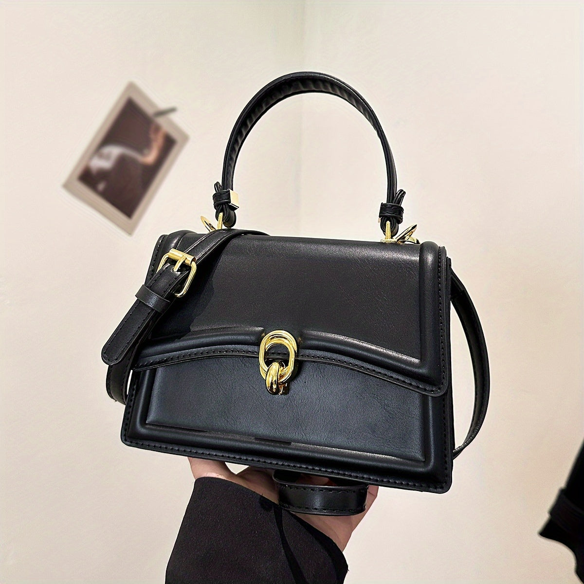 Petit sac carré femmes grand format simili cuir marron fermeture dorée polyvalent