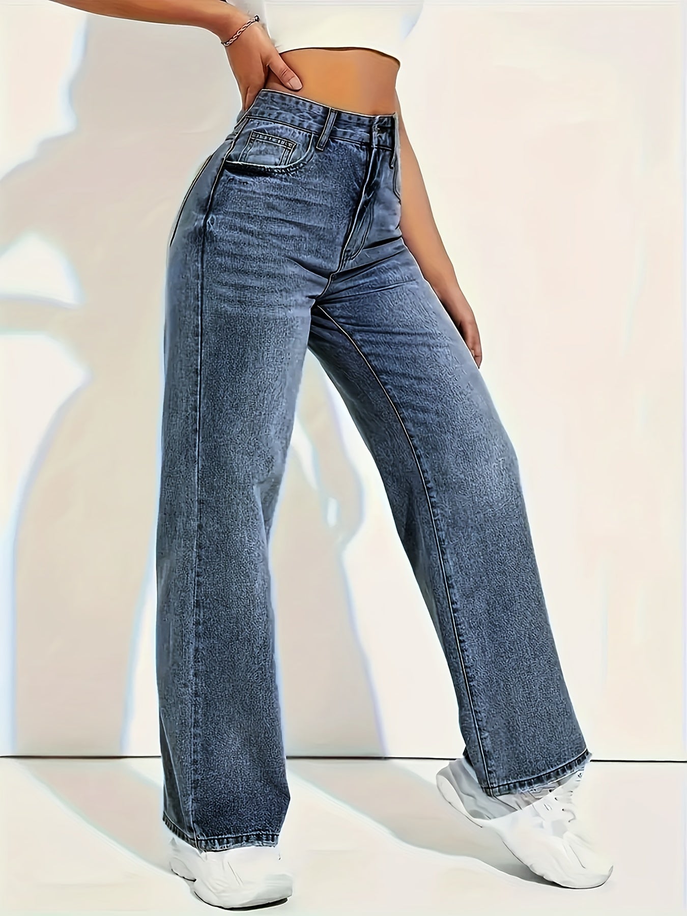 Pantalon Femme Jambe Droite Denim Extensible Bleu Poches Taille Sans Ceinture Slim Toute Saison Élégant Bureau et Décontracté
