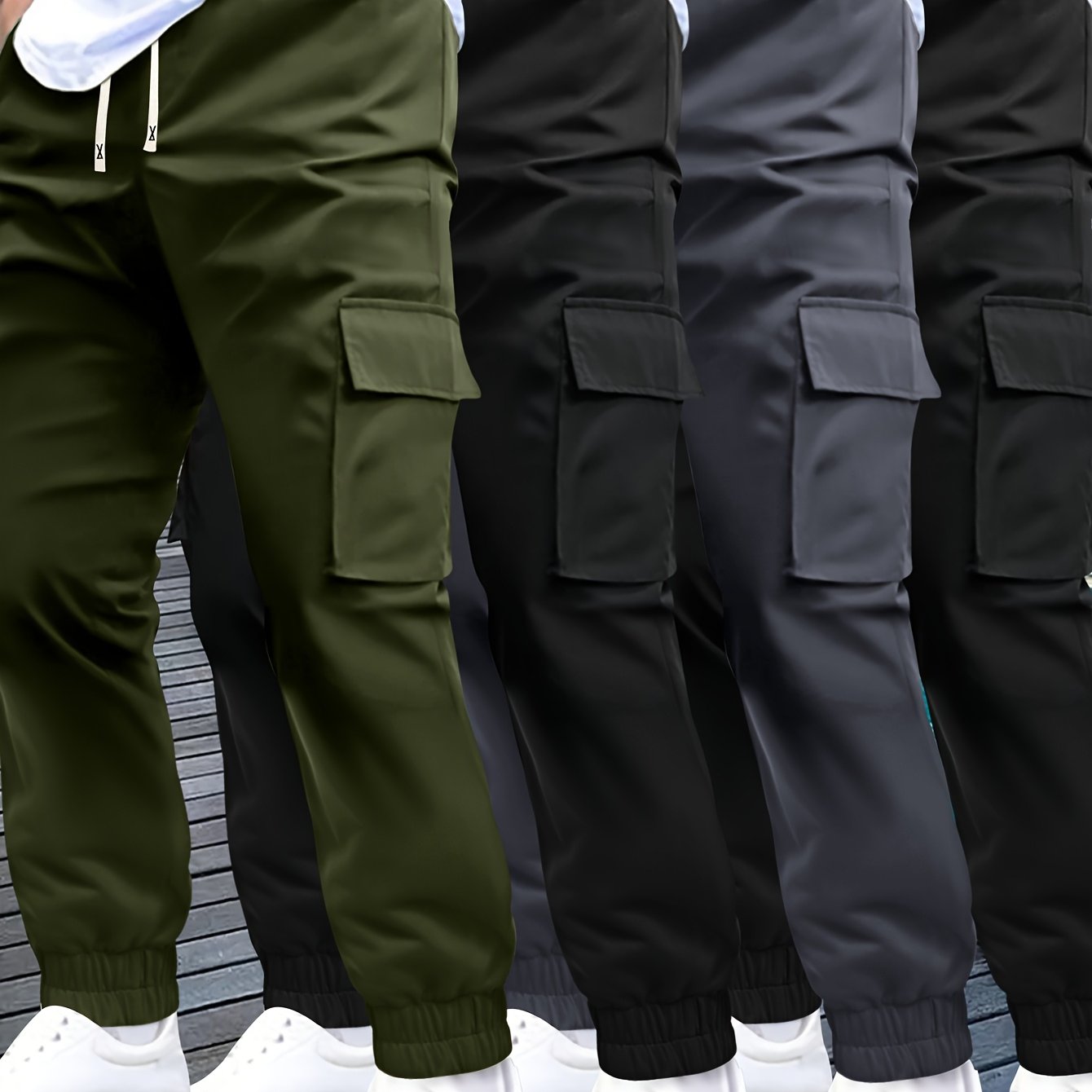 4pcs Pantalons Cargo Homme – Cordon Ajustable, Multipoches, Confort, Tout Saison