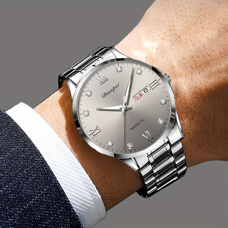 Men's Automatic Mechanical Watch Stainless Steel Luxury Rhinestone-Accented Dial Date Display Business Casual Wristwatch Gift for Him, Bling Watches, Formal Timepiece