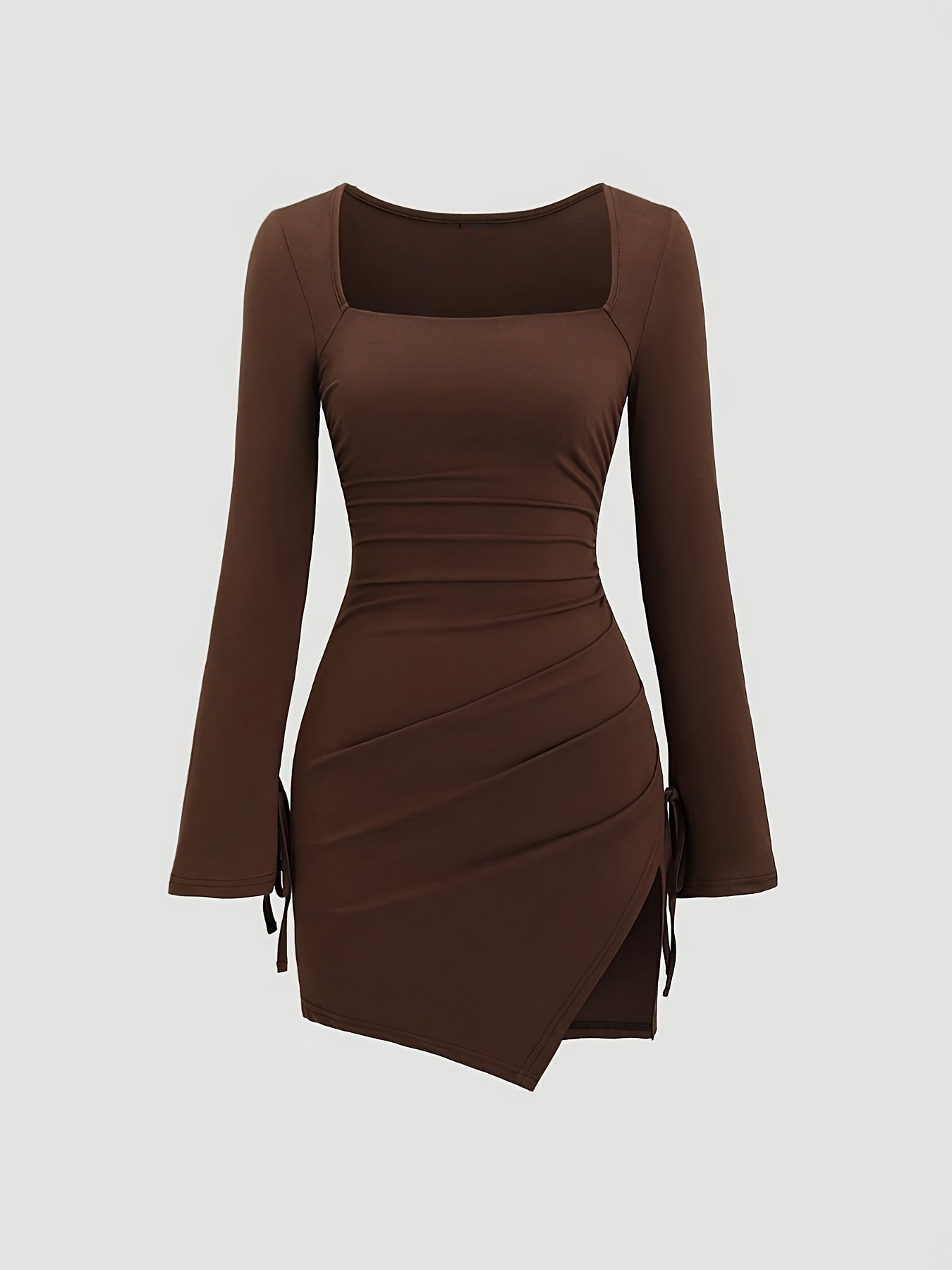 Robe Femme Élégante Y2K – Col Carré, Coupe Sirène, Manches Longues, A-Ligne, Fente Bas, Marron, Idéale Invité Mariage et Soirées Automne/Hiver, Lavable en Machine