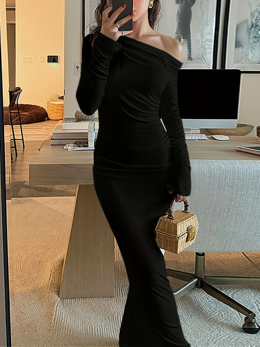 Robe Femme Élégante Bodycon Sirène Épaules Dénudées Manches Longues — Couleur Noire Unie, Coupe Ajustée, Ourlet Sirène Évasé, Polyvalente Toute Saison pour Occasions Décontractées et Formelles, Tenue de Soirée, Col Asymétrique, Design Sophistiqué