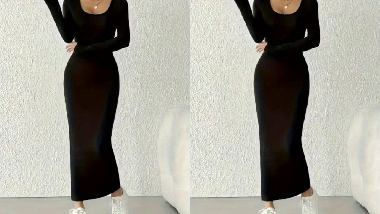 Women's Elegant Stretch A-Line Dress - Long Sleeve -Length Formal & Semi-Formal Wear, Wrinkle-Resistant Polyester/Elastane Blend, Machine Washable Wedding Guest Gown, Office to Party Dress (Spring/Autumn)