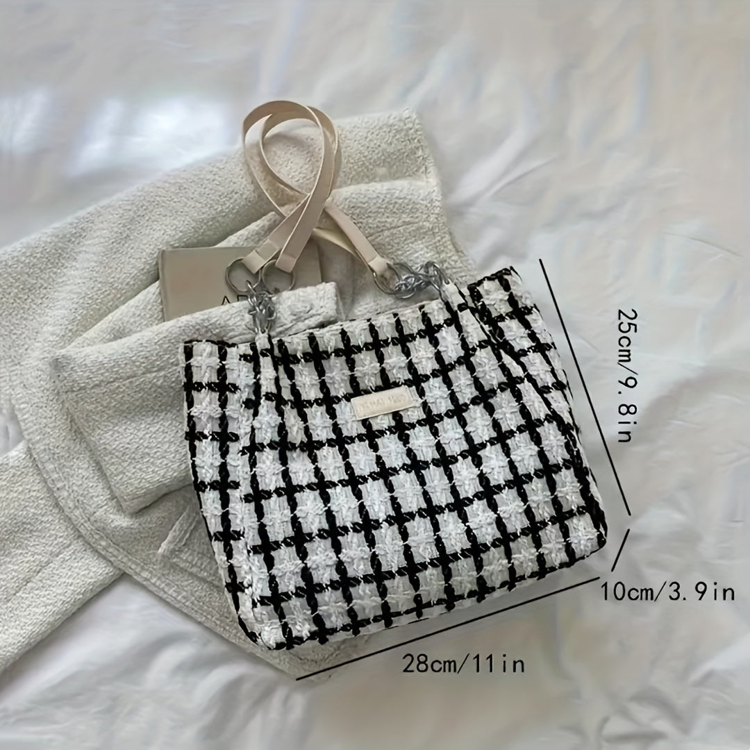 Sac cabas femme – grande capacité, motif pied-de-poule noir et blanc, poignée poignet, chaîne décorative, fermeture éclair, hardware doré, pratique pour voyage et usage quotidien