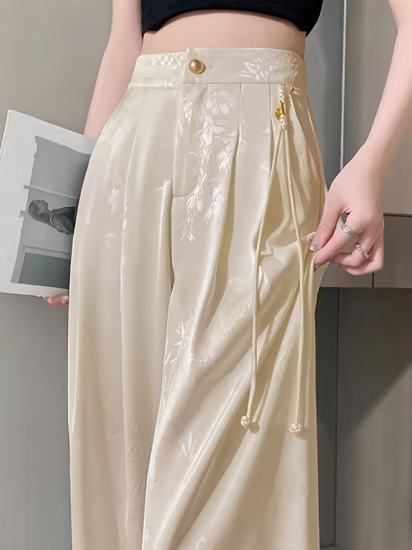 Pantalon Femme Élégant Jambe Large – Noir Uni avec Imprimé Nuages Chinois Blancs, Ourlet Asymétrique, Bureau et Événements Formels, Inspiré Asiatique