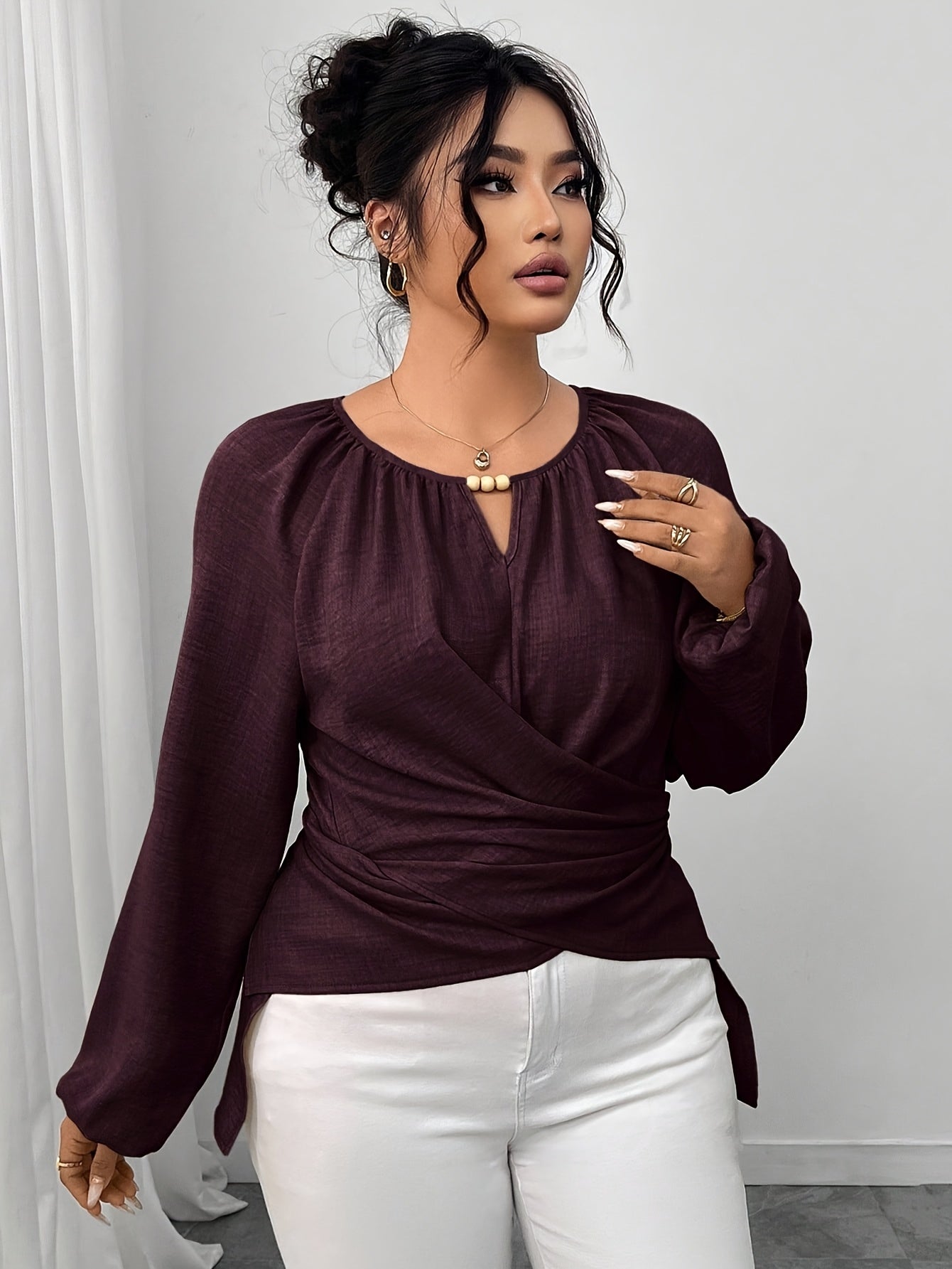 Blouse Femme Grande Taille Élégante – Manches Longues, Couleur Unie Bordeaux/Pourpre Foncé/Navy, Col Rond avec Boutons et Nœud au Dos