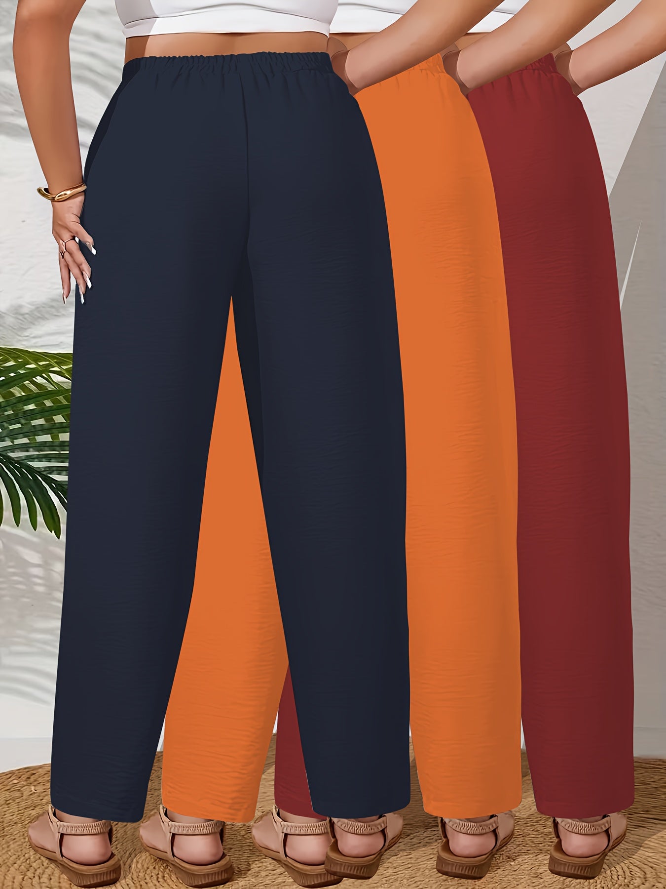 Lot de 3 Pantalons Femme Grande Taille – Taille Haute, Droits, Élastiques avec Poches, Couleur Unie, Tous Saisons