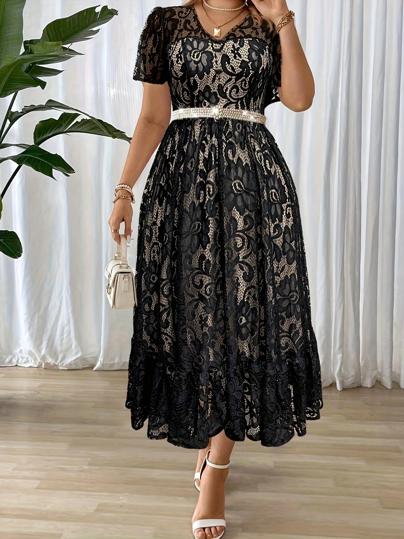 Robe Longue Grande Taille Élégante – Col Dentelle, Bas Smock, Couleur Unie Noire, Coupe A-Ligne, Idéale Soirées, Mariages et Événements Formels, Lavable en Machine