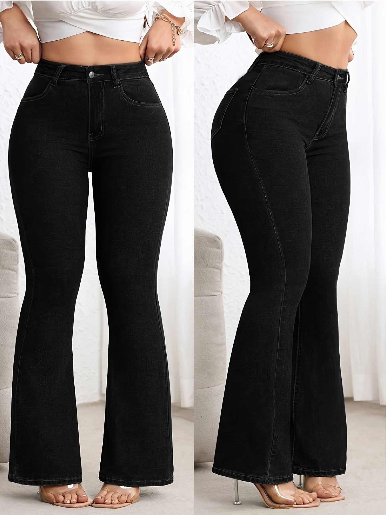 Jean évasé noir pour femmes, grande taille, automne, taille haute, denim extensible et amincissant, effet push-up, style polyvalent pour le quotidien et le travail