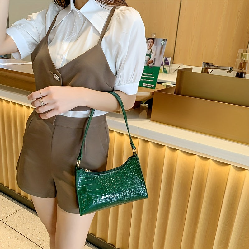 Sac épaule élégant pour femmes – simili cuir motif crocodile, finition brillante, fermeture zippée, bandoulière fixe, sac à main noir tendance