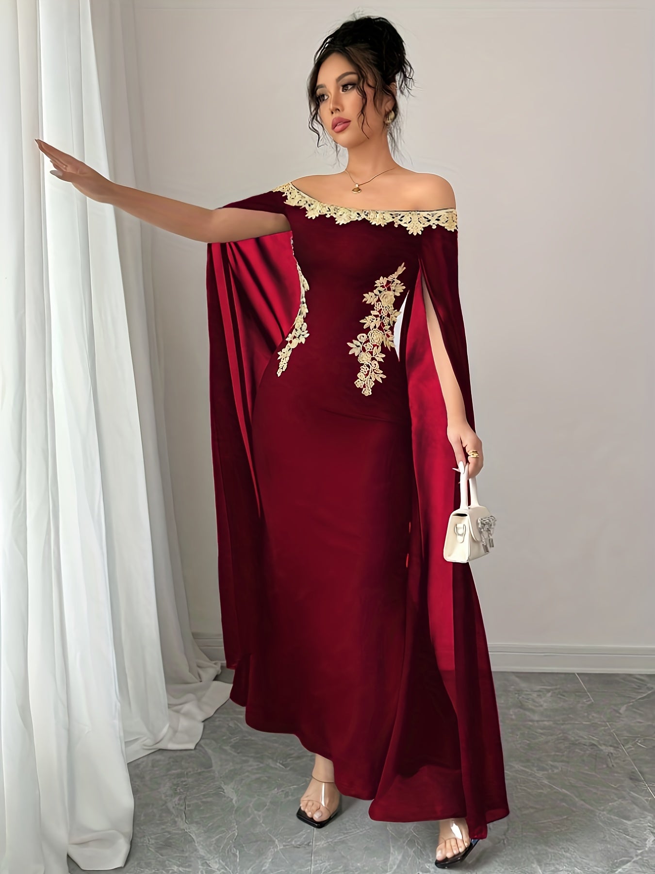 Sexy, Elegant and Versatile Daily Wear Golden Floral Embellished Off-Shoulder Sheer Cape Fitted Waist Golden Appliqué Long Mermaid Hem Bodycon Dress