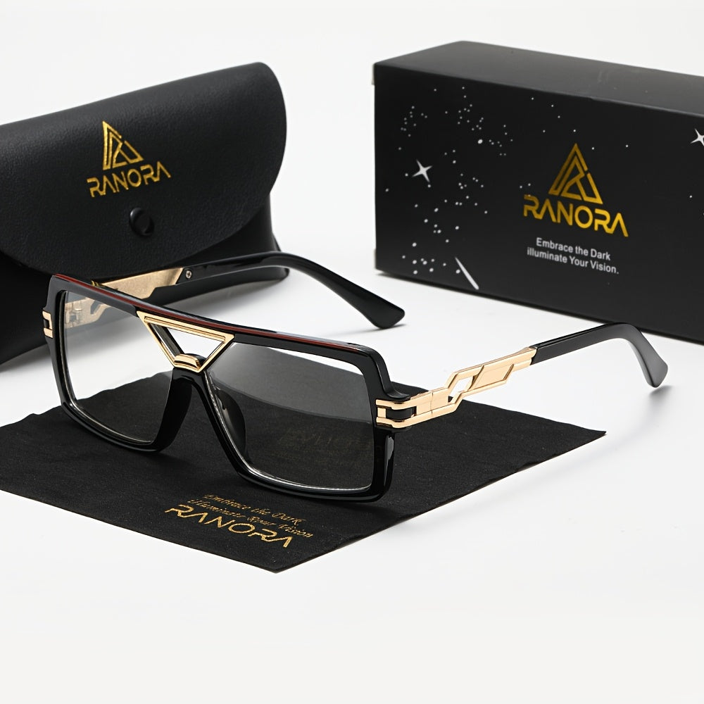 RANORA 1 Retro Square Double-Bridge Fashion Glasses, Equipped with PC Lenses, Suitable for Everyday Casual Retro Style, Includes a Protective Case, Without Battery