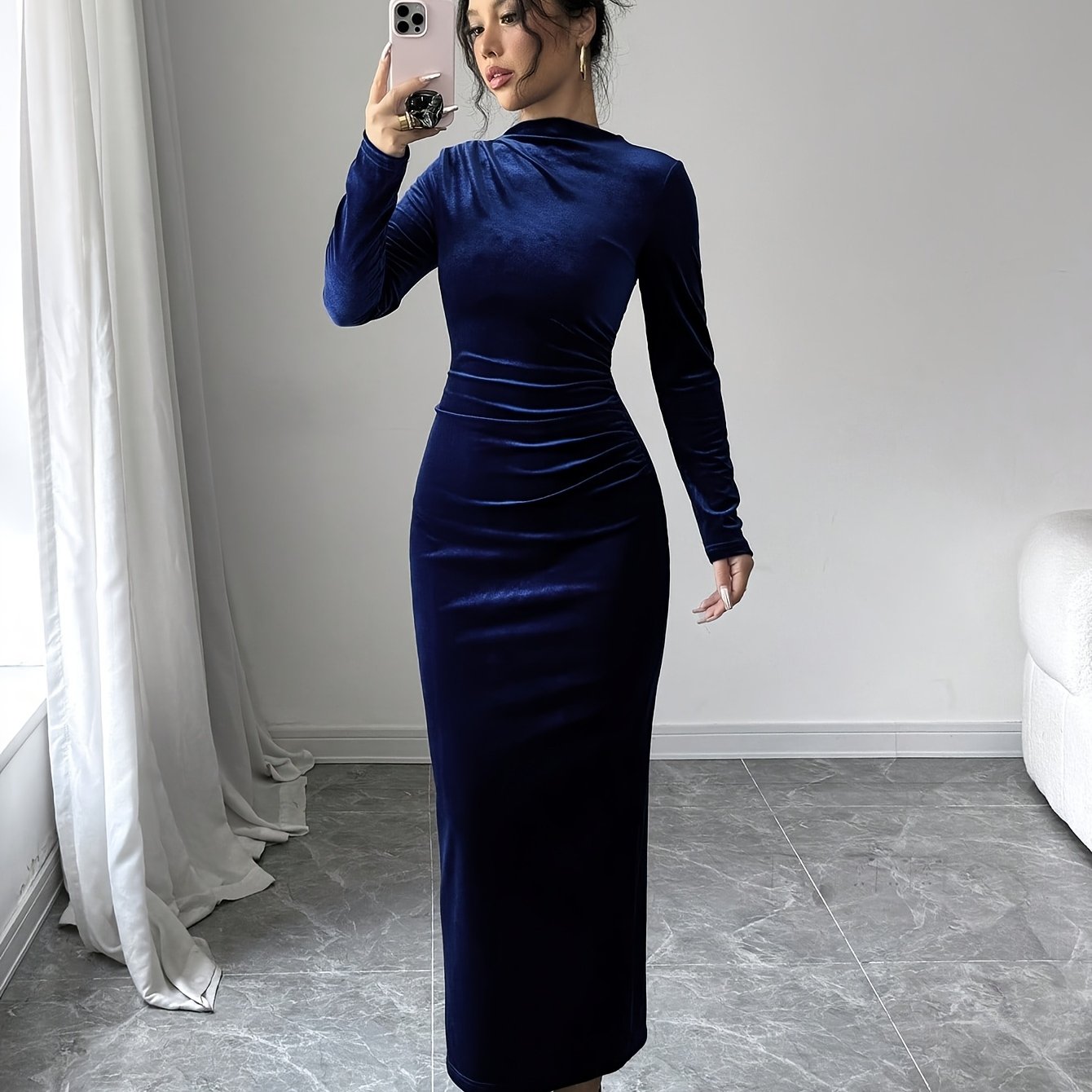 Women's Elegant Asymmetric Long Maxi Dress with Stand Collar & back slit - Solid Color Fitted Gown, Machine Washable Wedding Guest Gown, Prom Dress, for all-Season Wear - Formal Evening Dress