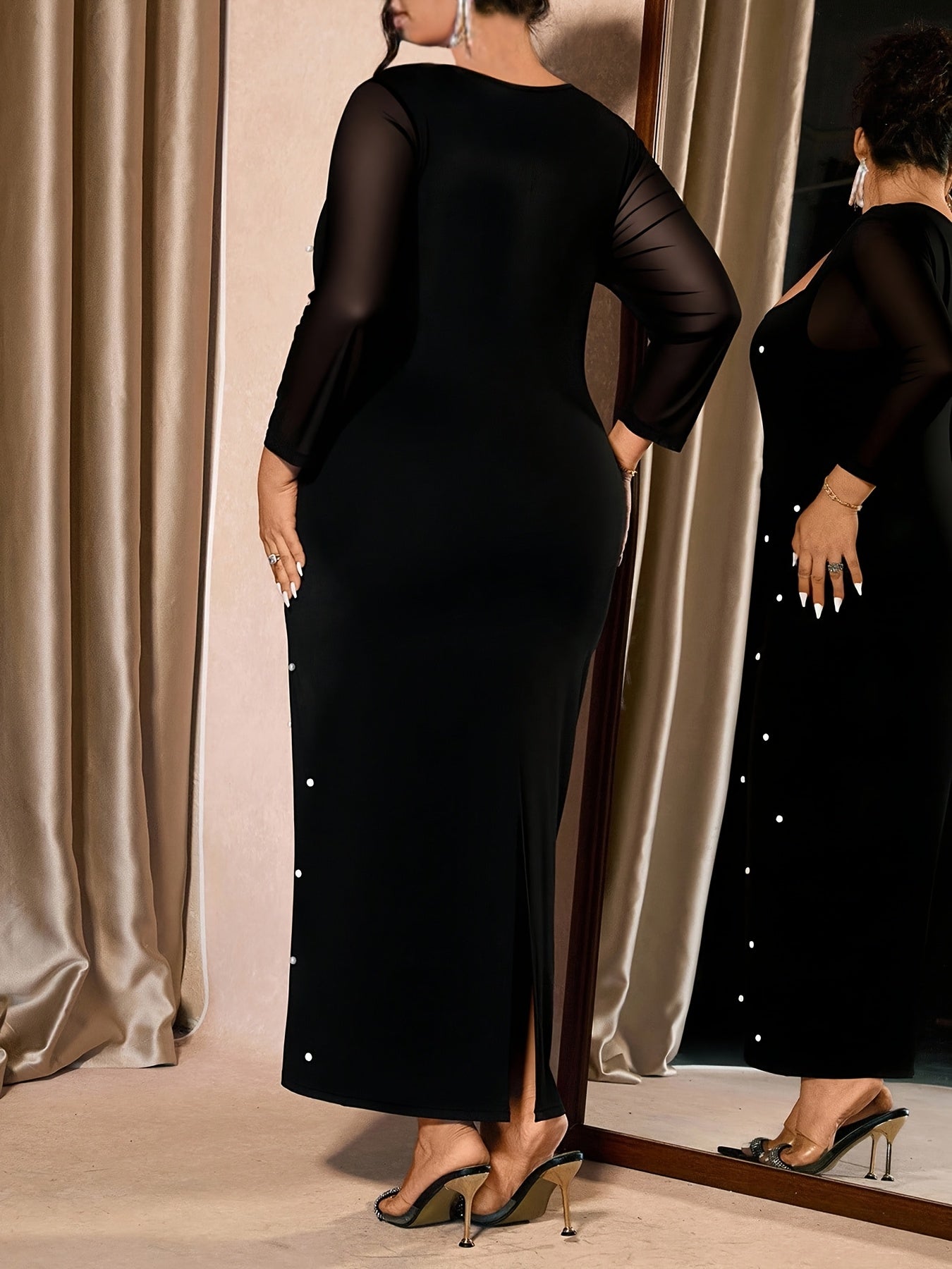 Plus Size - Plus-Size Women'S Elegant And Fashionable Long-Sleeve Dress with a Square Neckline And Faux Pearl Embellishments for Spring And Autumn
