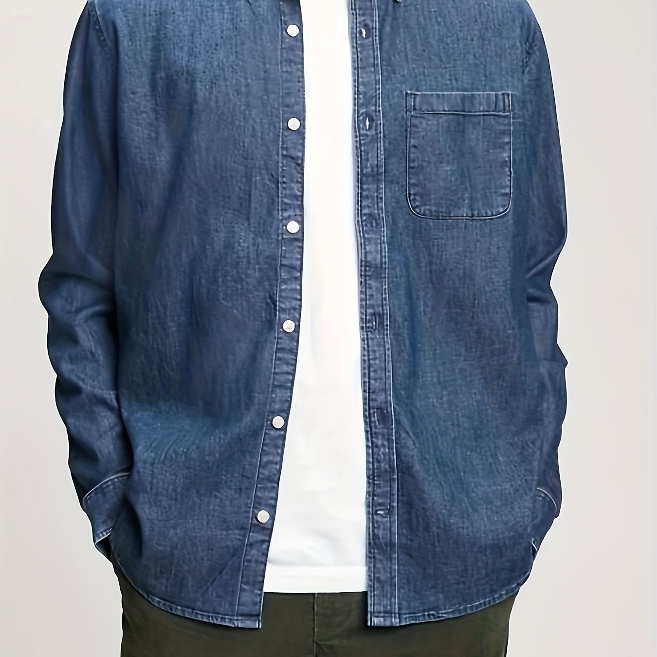 Plus Size Men's Solid Denim Shirt For Spring Fall, Casual Fashion Long Sleeve Shirt
