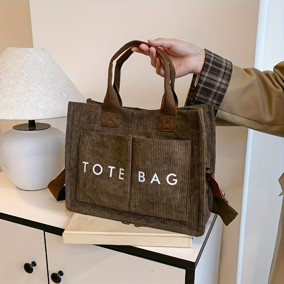 Sac Cabas Femme Multi-Poches – Fermeture et Bandoulière, Matériel Doré, Poignée Solide, Plusieurs Couleurs (Rose, Kaki, Marine, Bordeaux, Blanc, Noir, Marron), Tissu Durable