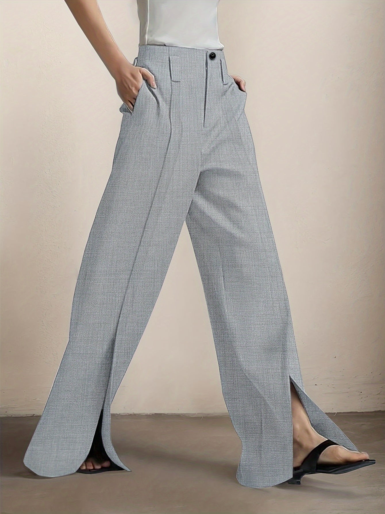 Pantalon Femme Élégant Jambe Large – Polyester, Couleur Unie, Fente Avant et Poches, Fermeture Zippée, Confortable, Automne/Hiver