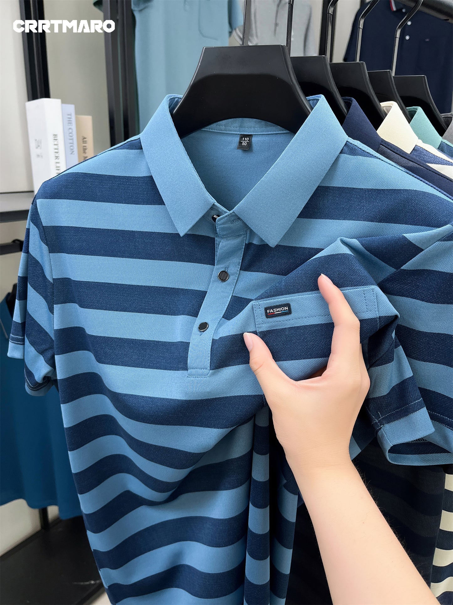 Men'S CRRTMARO Summer Striped Short Sleeve Polo Shirt with Chest Pockets - Casual, Button-Up, Regular Fit, Slight Stretch Fabric, Ideal for Hot Weather, Casual Summer Wear|Striped Pattern|Polyester Fabric