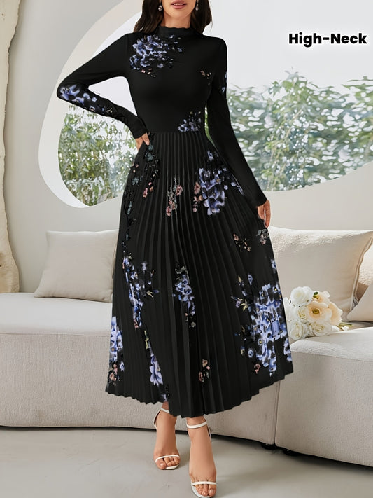 Robe Longue Élégante – Imprimé Floral Noir et Bleu, Col Montant, Manches Bouffantes Longues, Coupe A-Ligne, Idéale Soirées, Mariages et Événements Printemps/Automne, Lavable en Machine