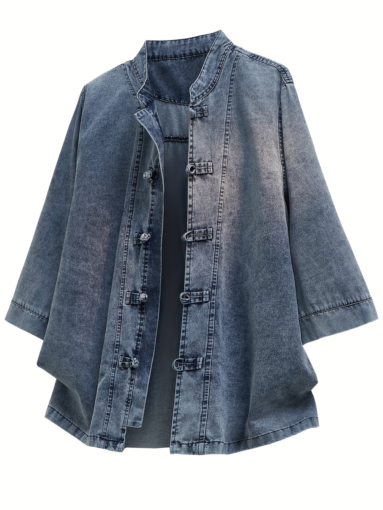 Xingmengzhi OBM Men's Denim Shirt, Loose-Fit Seven-Quarter Sleeve New Chinese Style Button-Up Top, Slim Stand Collar Denim Cardigan Lightweight Jacket