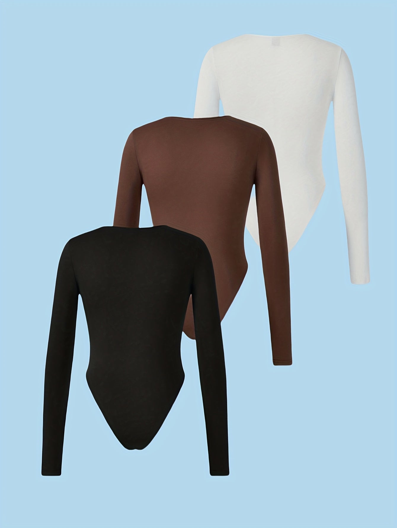 Lot de 3 hauts femme à manches longues, coupe slim et col rond, tissu extensible haute élasticité, couleur unie, lavables en machine, parfaits pour toutes saisons, style polyvalent et confortable