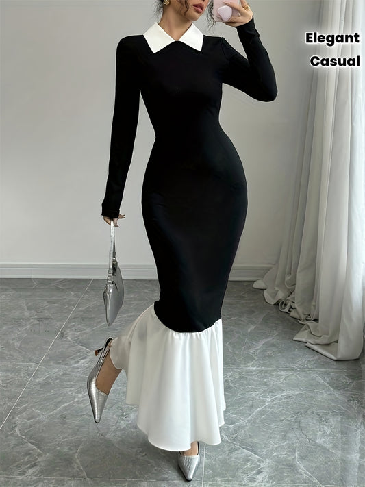 A Long-Sleeved Dress with a Shirt Collar, Featuring a Color-Blocking Design That Is Tailored to Create a Slim Silhouette, Perfect for Daily Commutes, Casual Outings, And Elegant Gatherings.