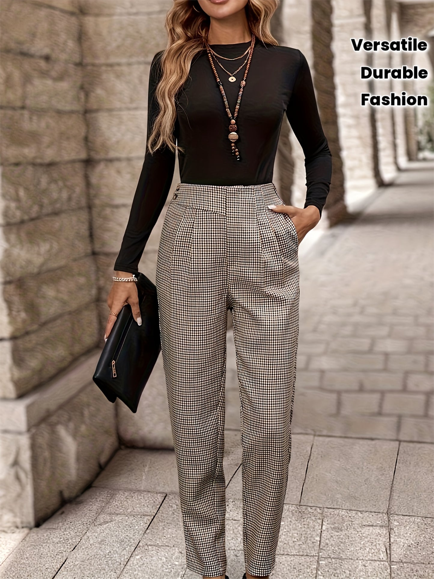 Pantalon Femme Taille Haute – Jambe Évasée, Noir Uni, Double Ceinture, Poches, Bureau et Décontracté, Printemps