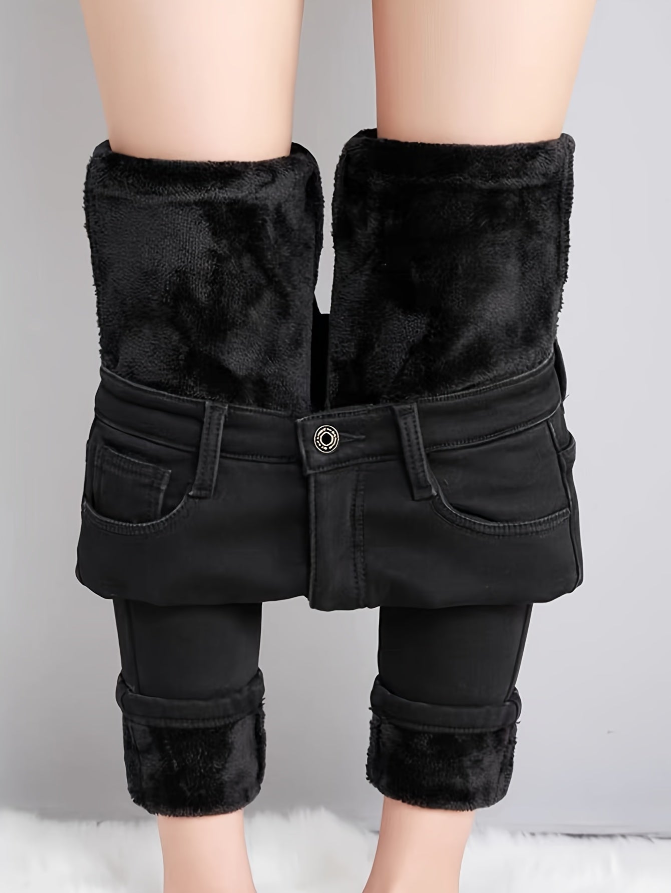 Jeans Femme Taille Haute Skinny Extensible Doublure Polaire Boutons Mi-Haute Hiver Décontracté et Stylé