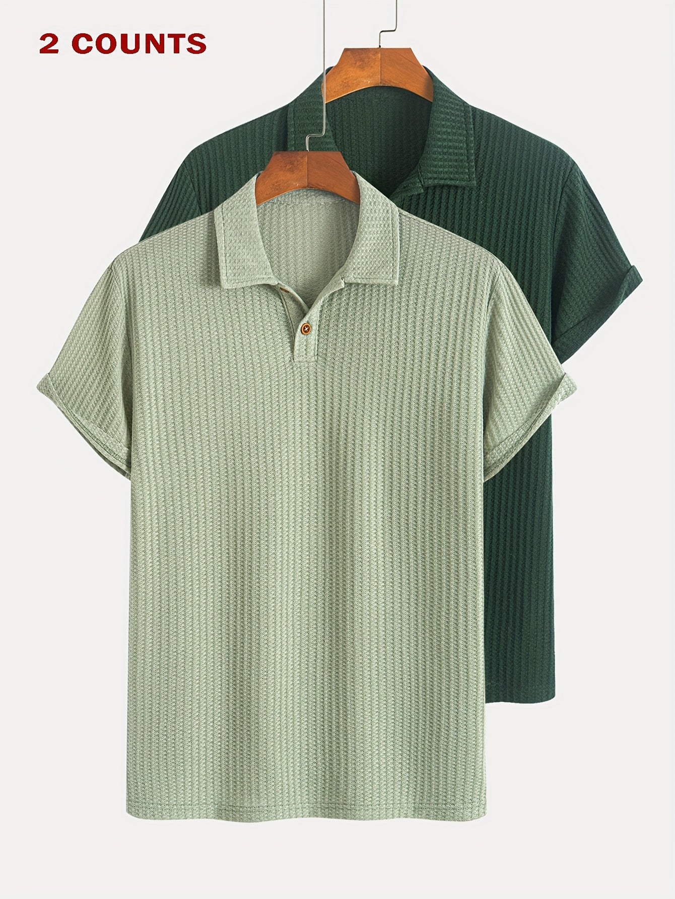 Two Pieces of Summer Casual Sports Jacquard Knit Short-Sleeve Polo Shirts, a Set of Two Jacquard Textured Short-Sleeve Polo Tops.